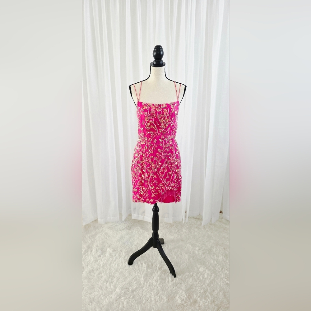 Embellished Fuchsia Spaghetti-Strap Mini Dress